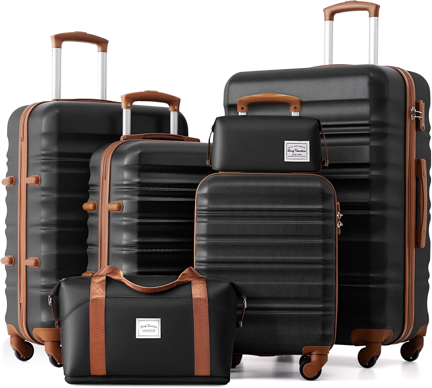 LONG VACATION 6 Piece Luggage Set Carry on Suitcase with ABS+PC hardshell, Spinner Wheels and YKK Zipper TSA Lock (BEIGE-BROWN, 6 piece set)
