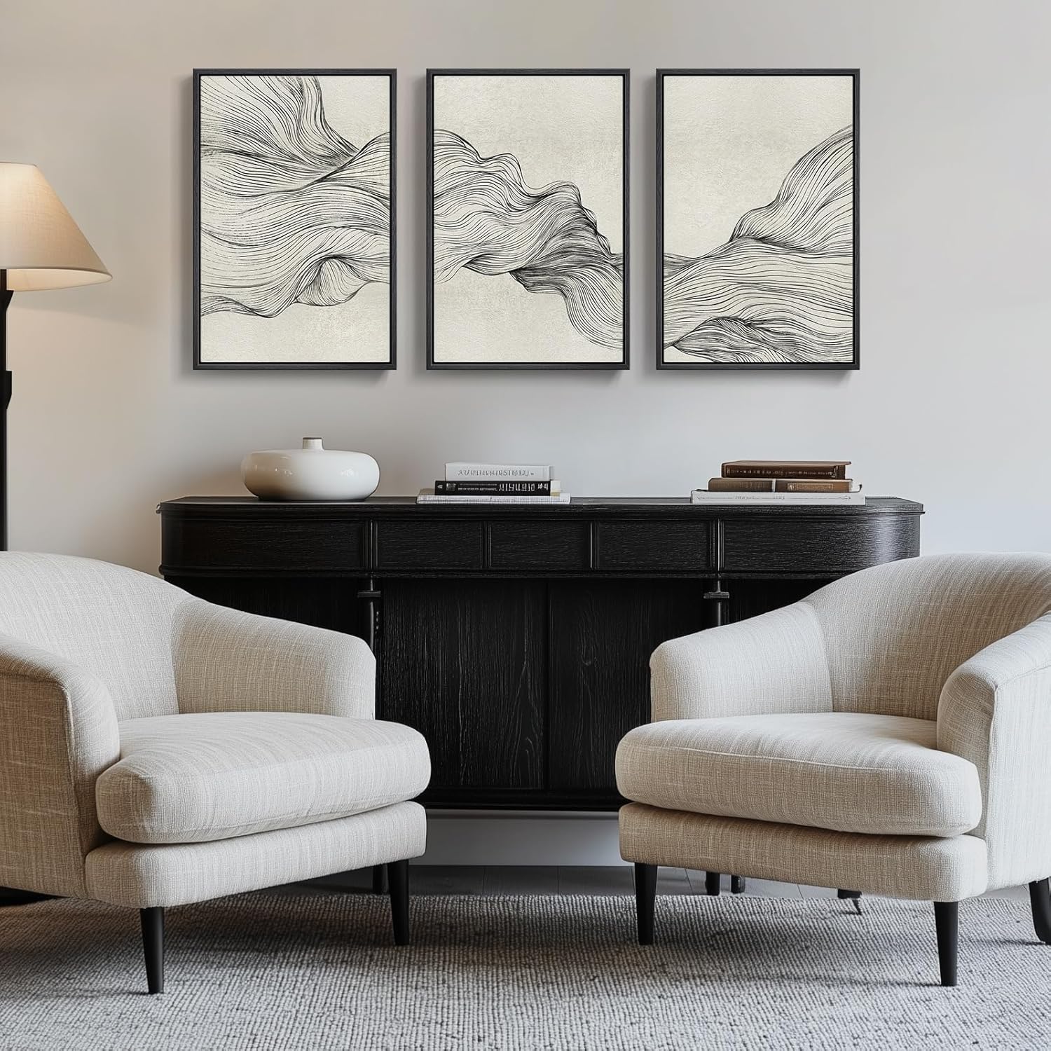 Large Framed Boho Modern Neutral Abstract Wall Art for Living Room, 3 Piece Black and White Canvas Prints Paintings Artwork for Walls