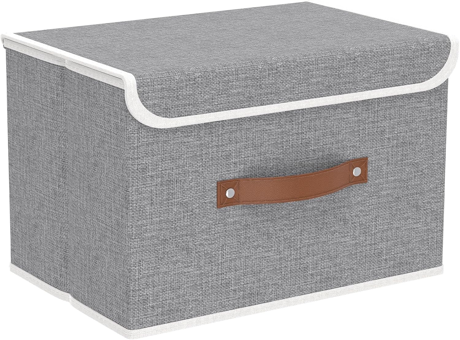 Yawinhe Collapsible Storage Boxes, Linen Fabric Baskets, Bin with lid and Leather Handle, Washable, for Home, Closet, Beige, 17.7''Lx11.8''Wx11.8''H