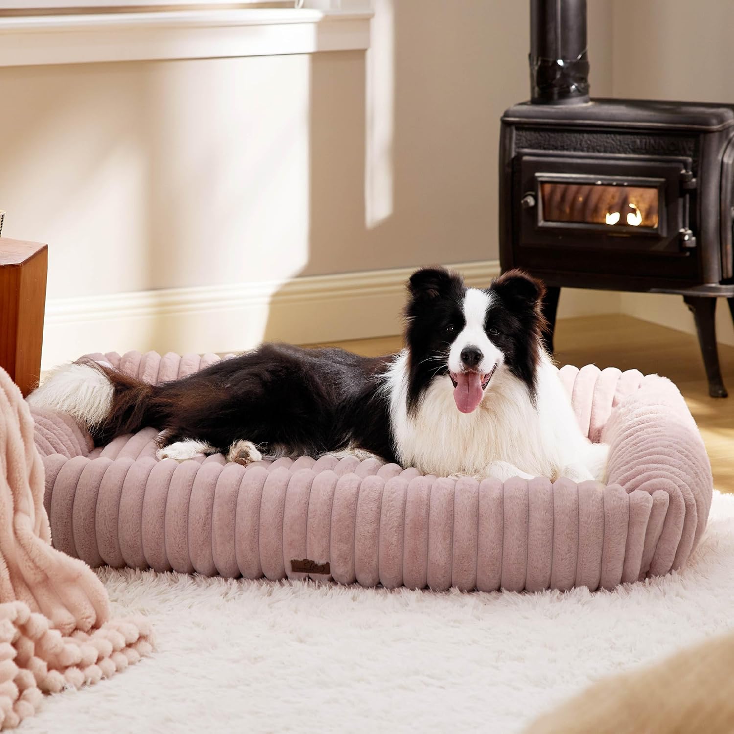 Bedsure ComfyFleece™ Cute Dog Beds Large Sized Dog Washable, 36in Blush Pink, Furry Big Square Pet Beds, Washable Aesthetic
