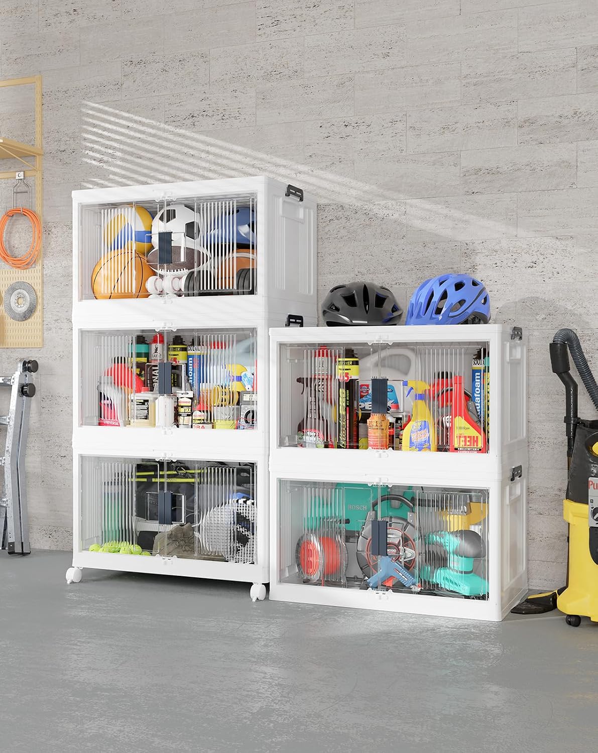 OlarHike 144QT Lockable Storage Bins with Lids - Folding Cabinet with Doors and Wheels, Collapsible Plastic Drawers for Dorm, Closets, Office