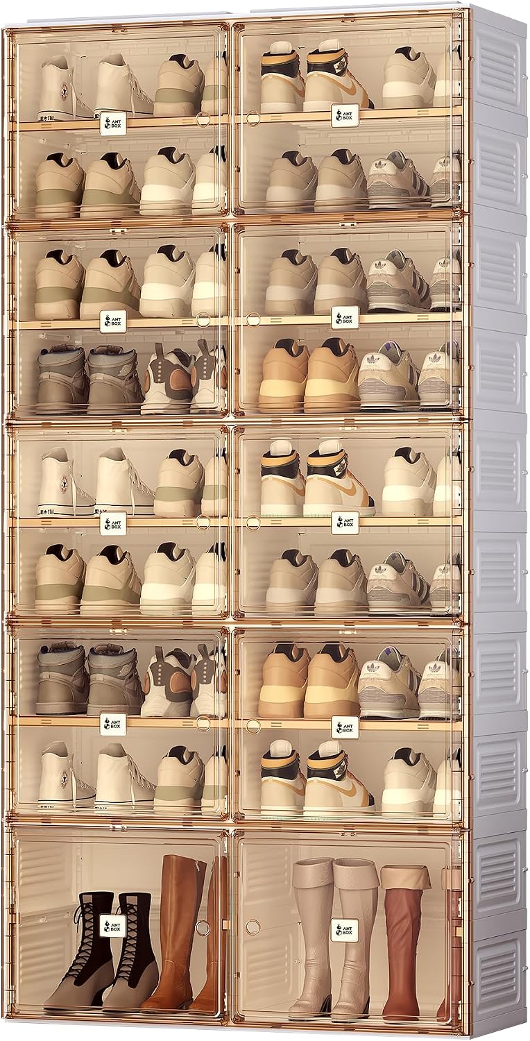 ANTBOX Portable Shoe Rack Organizer for Closet Entryway, Stackable Sneaker Storage Shoe Cabinet with Magnetic Clear Door, 4 Tiers 16 Pairs