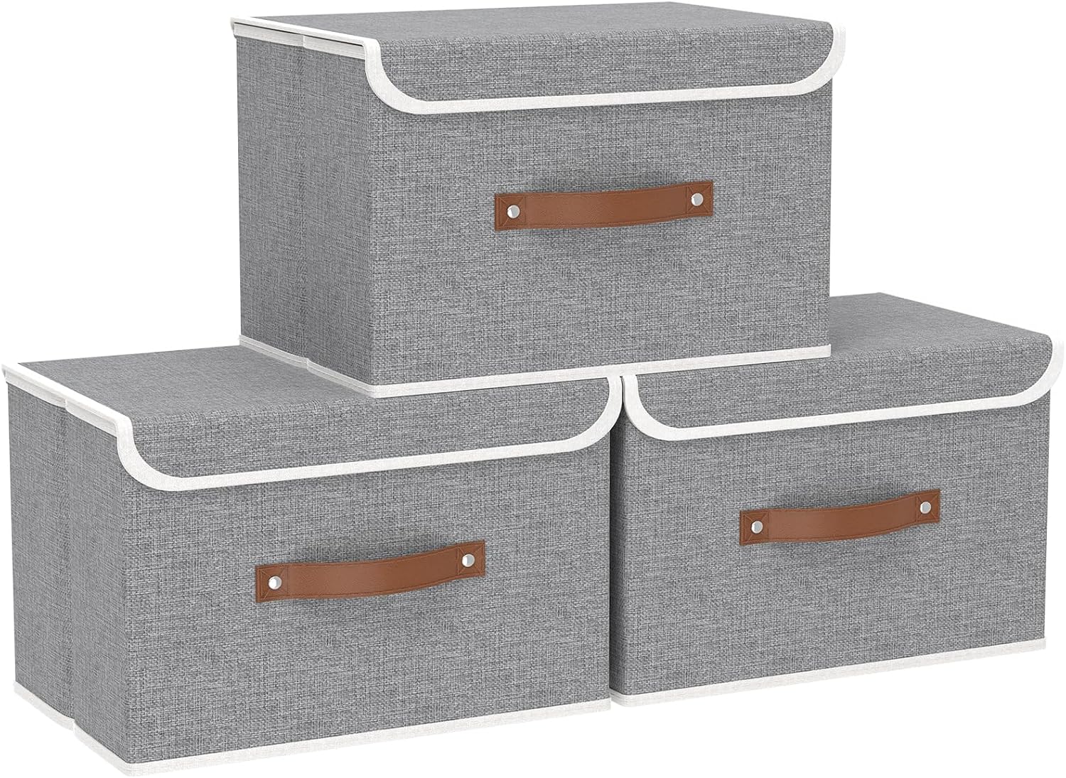 Yawinhe Collapsible Storage Boxes, Linen Fabric Baskets, Bin with lid and Leather Handle, Washable, for Home, Closet, Beige, 17.7''Lx11.8''Wx11.8''H