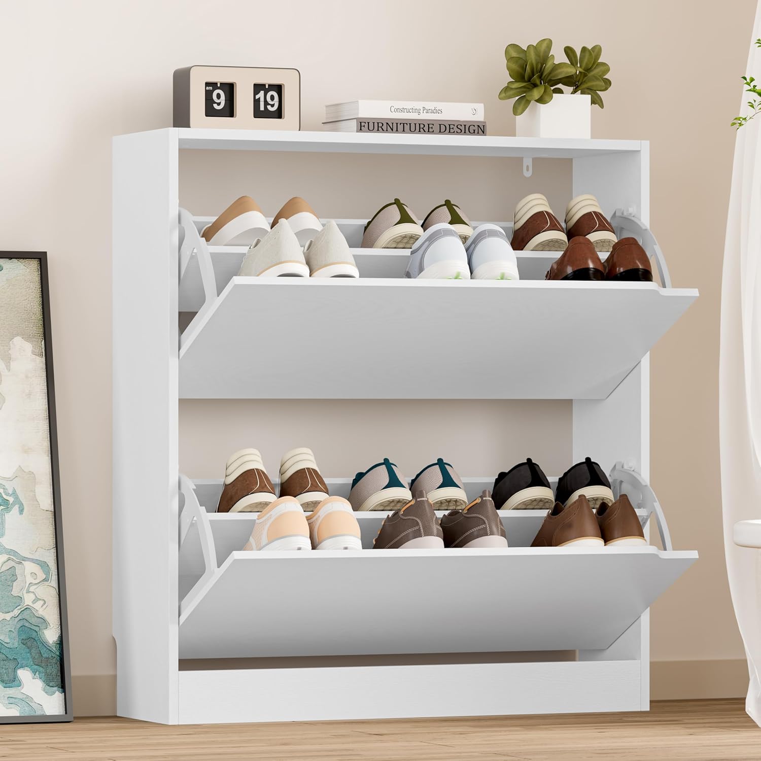 BORNOON Shoe Cabinet with Odor Control and Back Panels, Deodorizing Slim 3-Flip Shoe Storage Cabinet for Entryway
