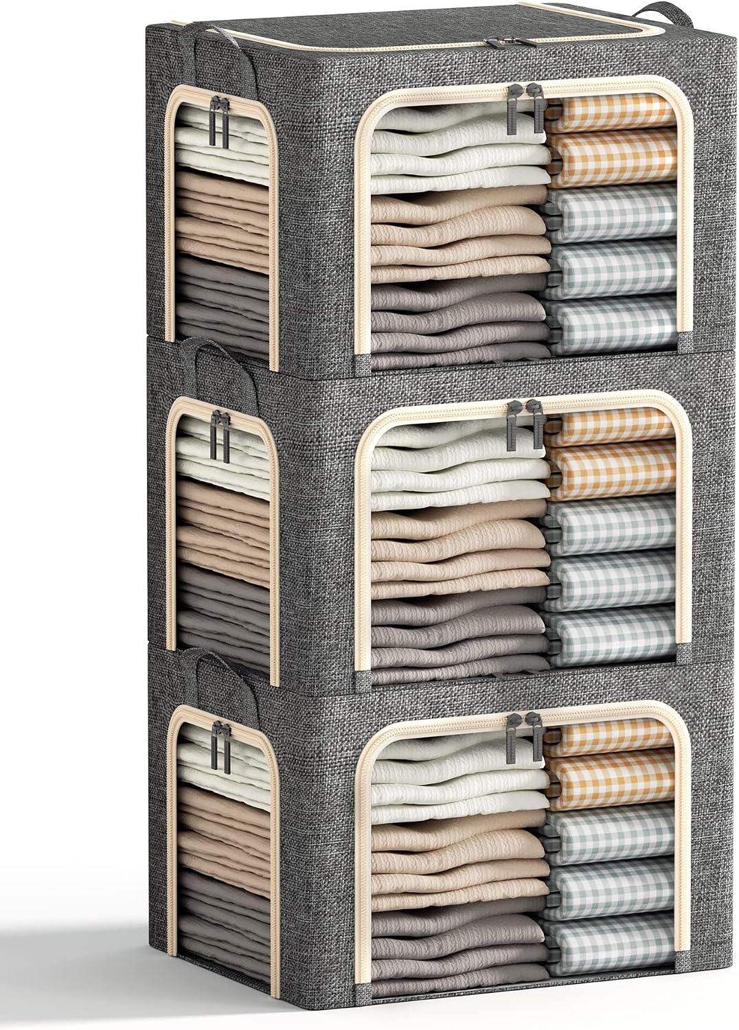 Furnhome 3 Openings Large Clothes Storage Bins with Metal Frame, Foldable Storage Bin for Clothes, Clothing Storage Bins with Lid