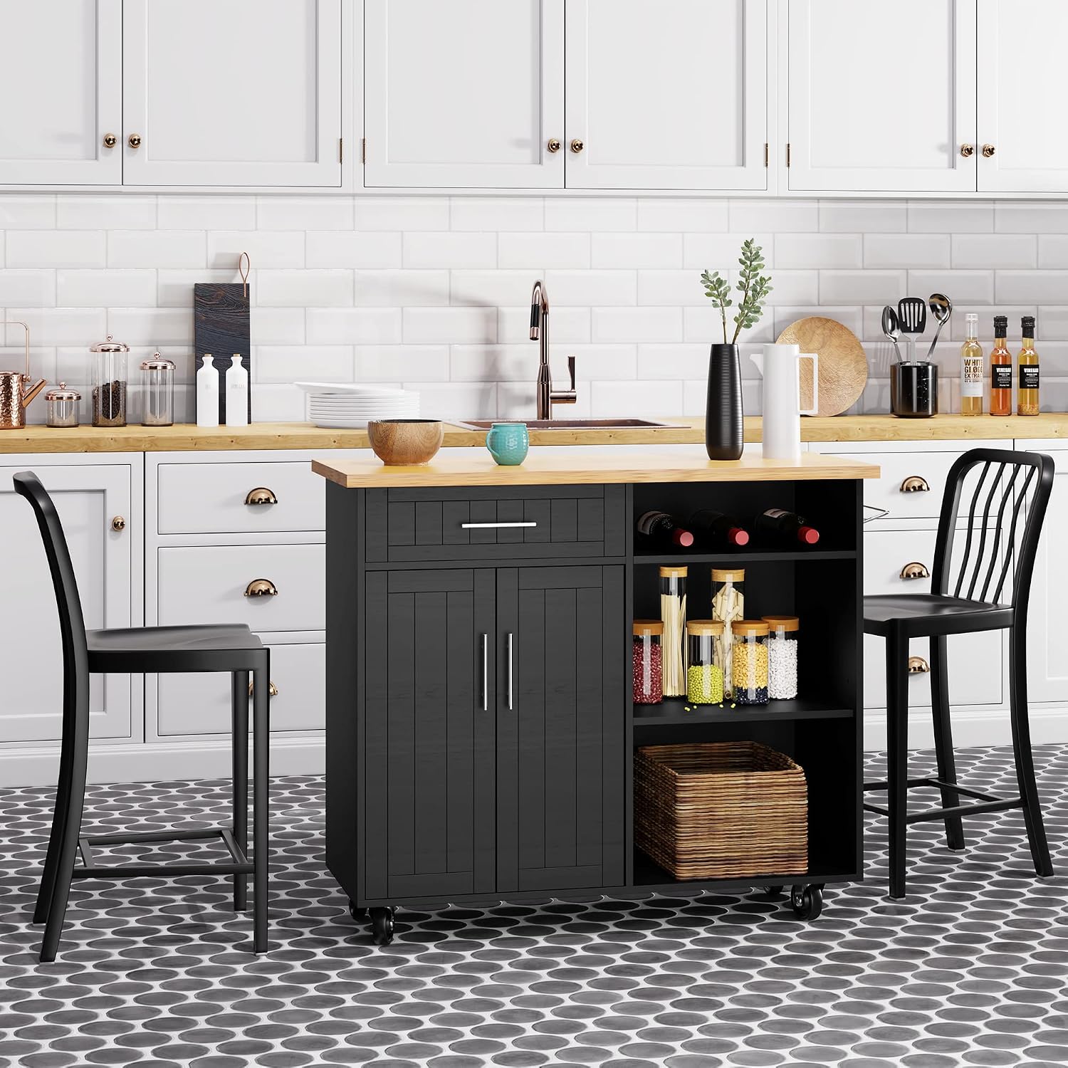 Shintenchi Kitchen Island Cart with Storage, Rolling Side Table on Wheels with Worktop, Single Door Cabinet and Drawer for Dining Room, White