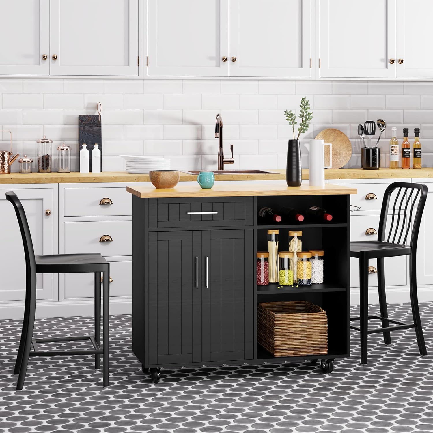 Shintenchi Kitchen Island cart with Storage, Portable Bar Cabinet on Wheels, Rolling Microwave Cart Side Table with Workstation for Kitchen, Black