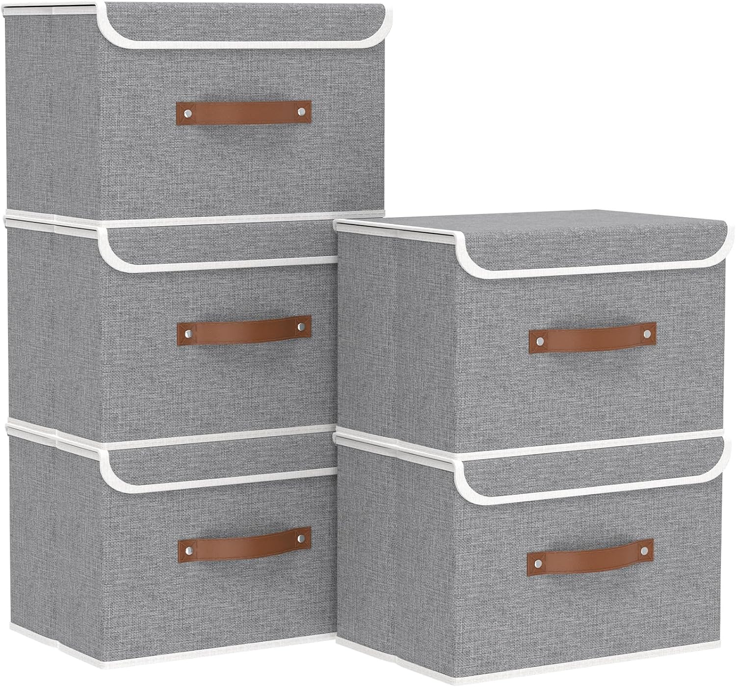 Yawinhe Storage Bins with Lids, Beige, 17.7x11.8x11.8in, 5-Pack, Fabric Container with Leather Handle, Washable Home Basket