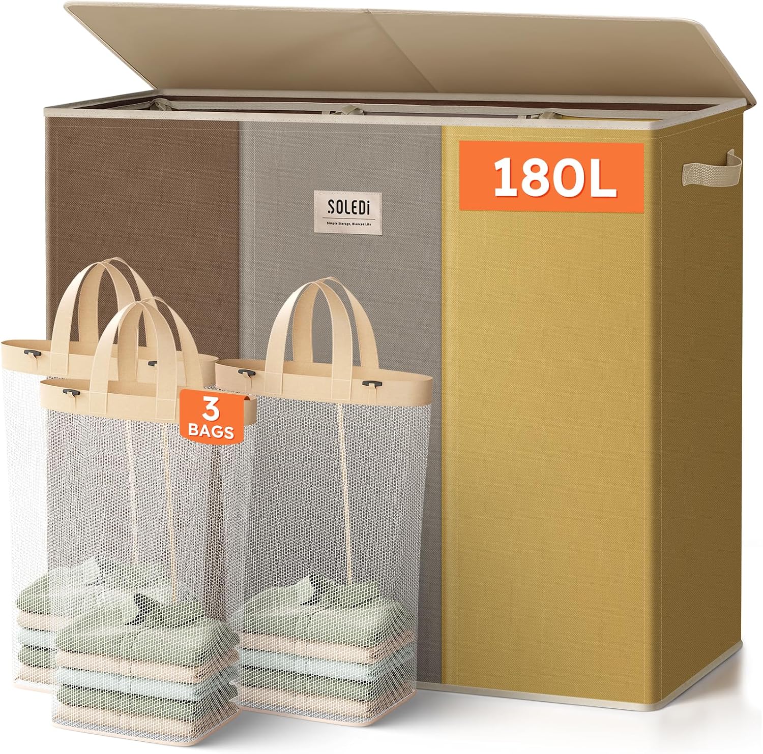 SOLEDI 180L Laundry Hamper 3 Section, Extra Large Laundry Hamper with Lid, Dirty Clothes Hamper with Sturdy Handle