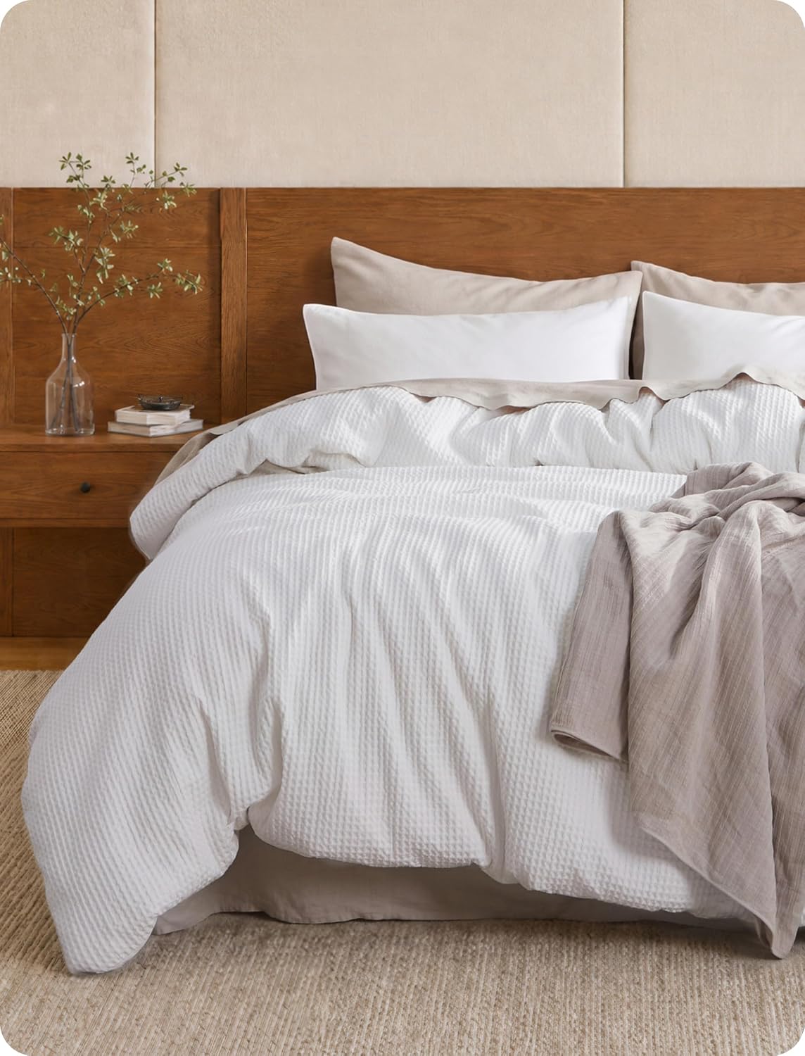Bedsure Cotton Duvet Cover Queen - 100% Cotton Waffle Weave Coconut White Duvet Cover Queen Size, PureWoven Breathable Bedding Set for All Season