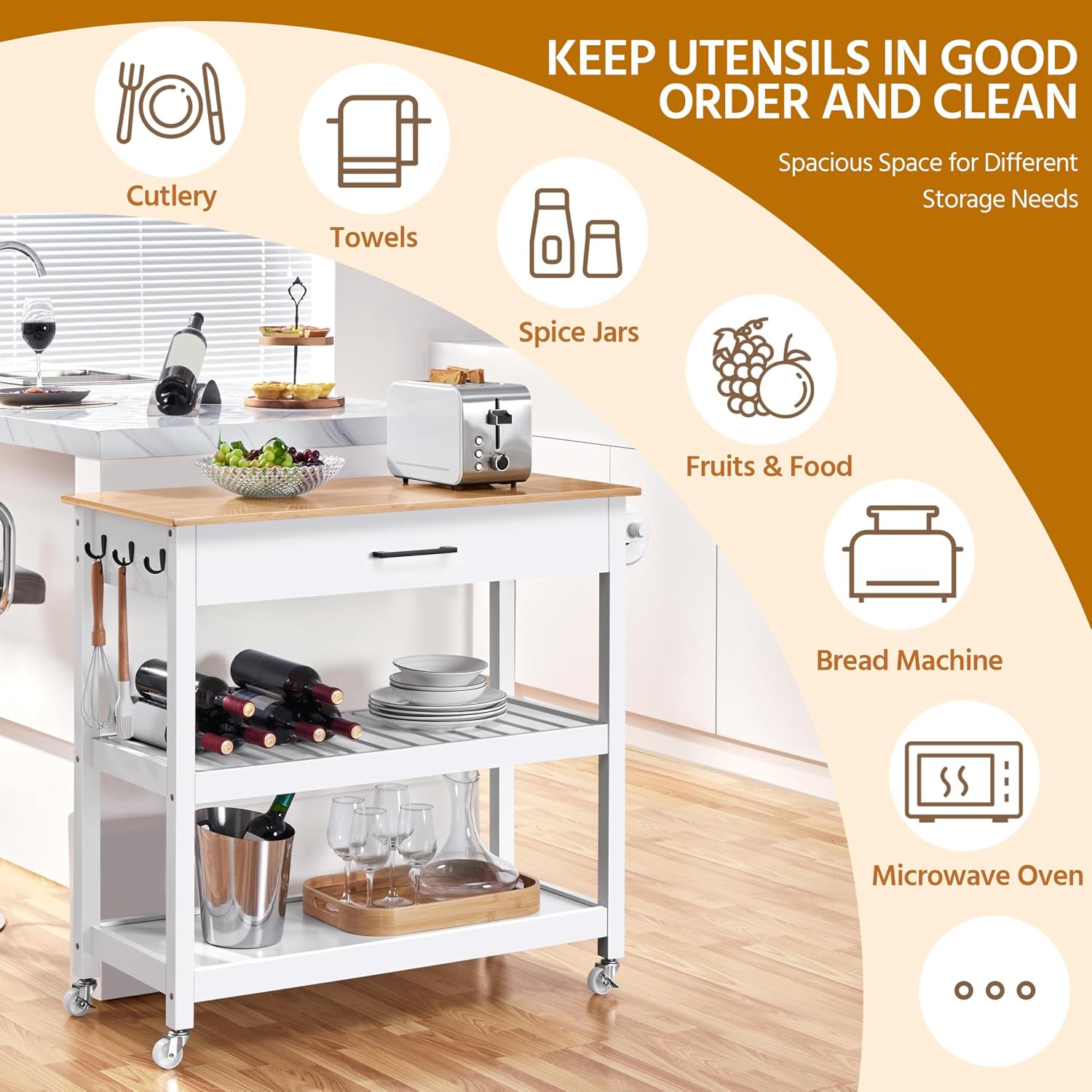 Yaheetech Rolling Kitchen Island Cart with 3 Shelves Lockable Wheels, White, Solid Wood Small Kitchen Island with Storage