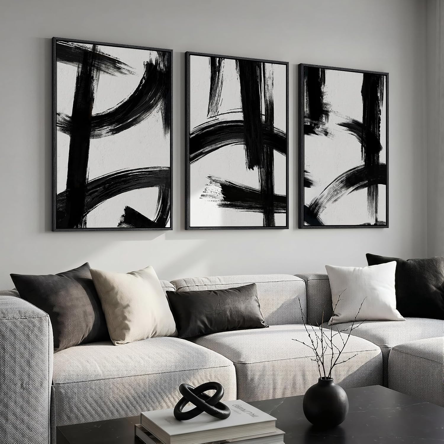 Large Framed Boho Modern Neutral Abstract Wall Art for Living Room, 3 Piece Black and White Canvas Prints Paintings Artwork for Walls