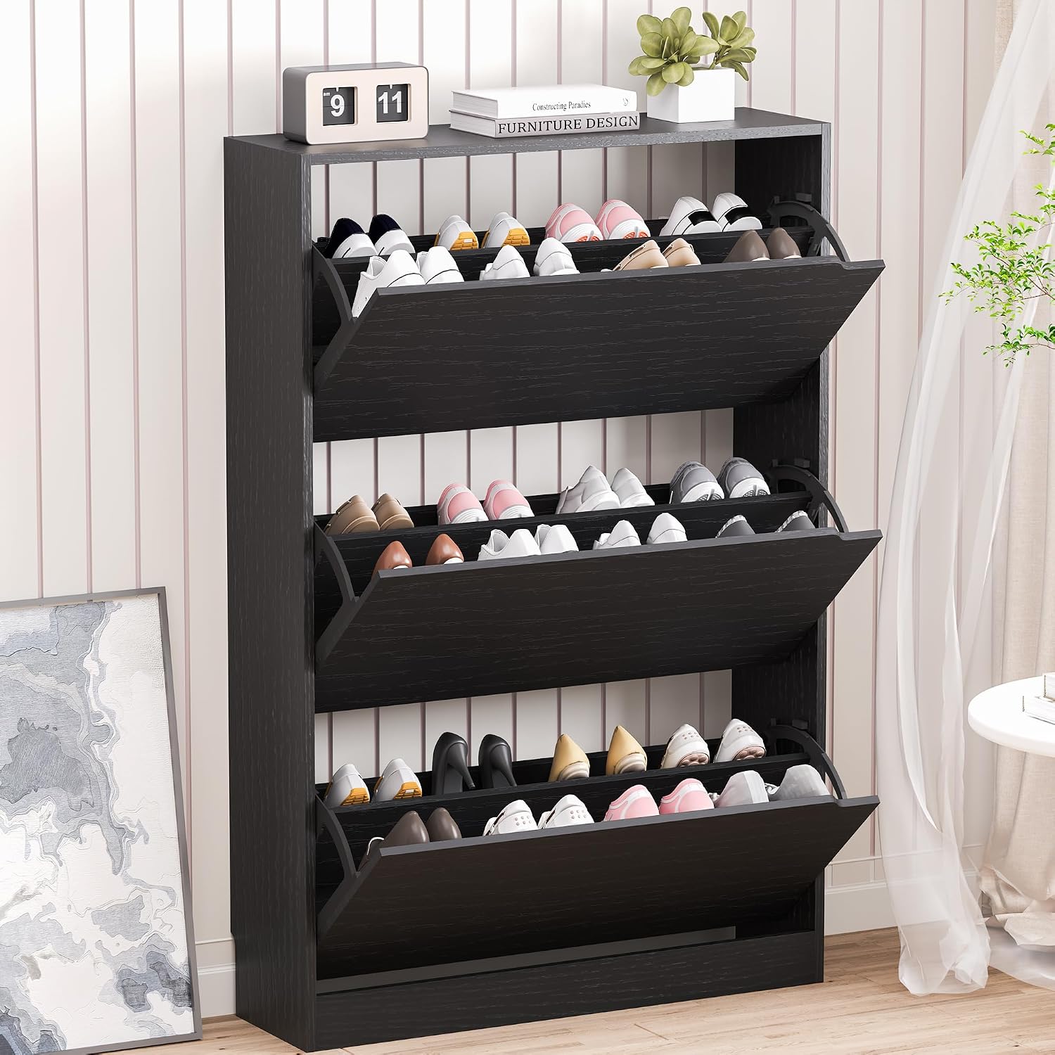 BORNOON Shoe Cabinet with Odor Control and Back Panels, Deodorizing Slim 3-Flip Shoe Storage Cabinet for Entryway
