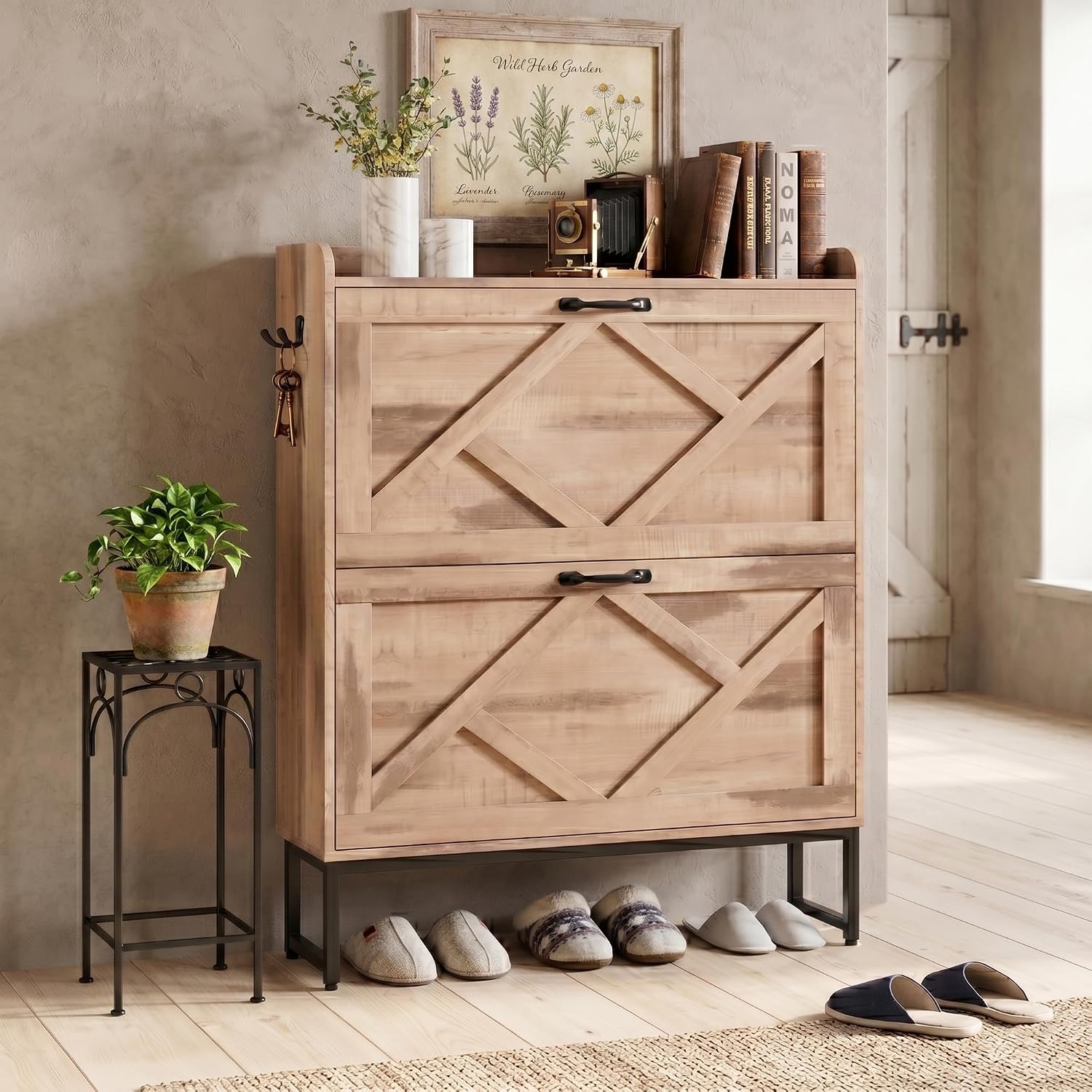 Shoe Cabinet with 2 Flip Drawers, Entryway Organizer, Chestnut, Slim Wood Shoe Rack with Metal Legs, Farmhouse Shoe Cabinet Storage for Entryway