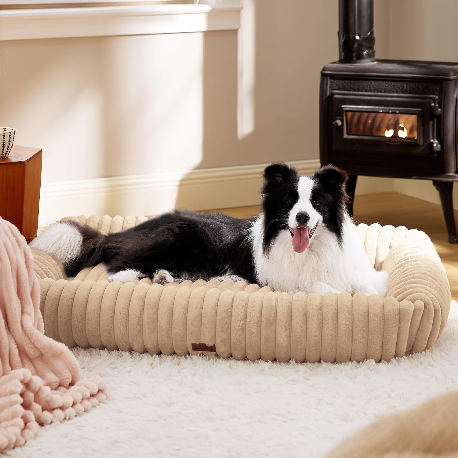Bedsure ComfyFleece™ Cute Dog Beds Large Sized Dog Washable, 36in Blush Pink, Furry Big Square Pet Beds, Washable Aesthetic