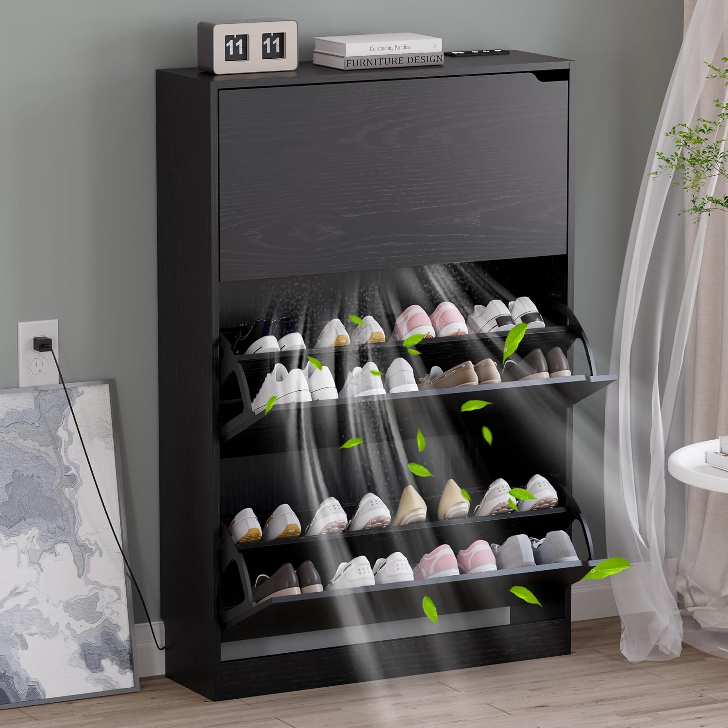 BORNOON Shoe Storage Cabinet with 3 Flip Drawers, Narrow Shoe Rack Cabinet, Freestanding Organizer Storage for Entryway, Hallway, Black