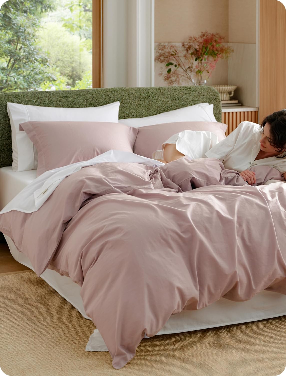 Bedsure 100% Washed Cotton Duvet Cover King Size - Sage Green Minimalist Bedding Set Linen Like - PureWoven Plain Simple and Soft Comforter Cover for
