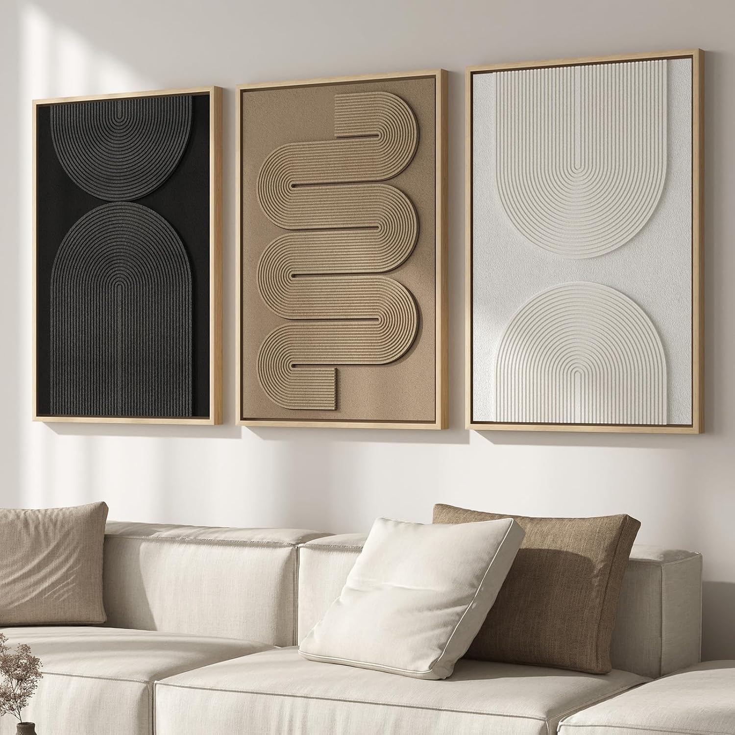 3D Wood Textured Large Neutral Abstract Wall Art, Modern Beige Brown Geometric Paintings Artwork for Walls-Minimalist Wooden Wall Art Decor for Living