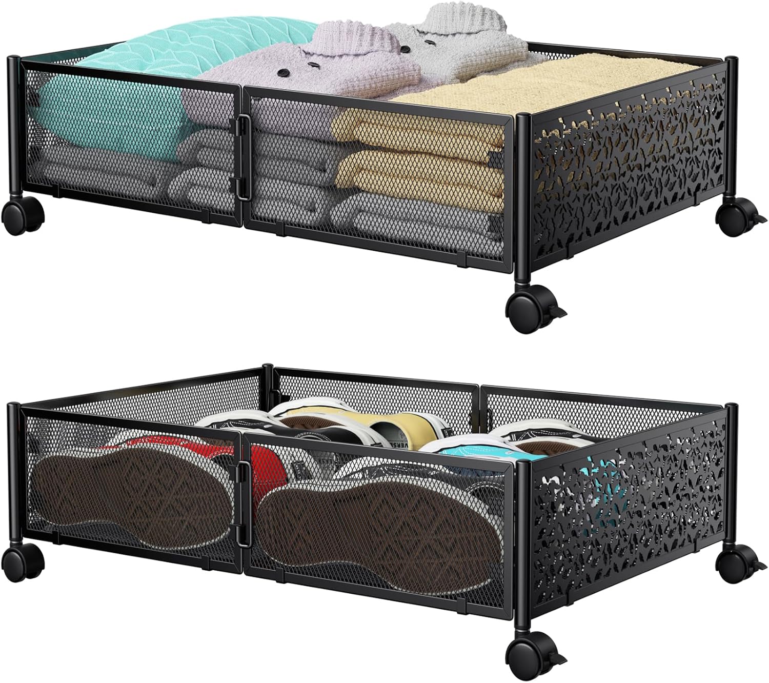 Under Bed Stroage Container with wheels, Patterned, Metal, 2 Pack, Black, Tool-free assembly, glide smoothly, easy reach, foldable