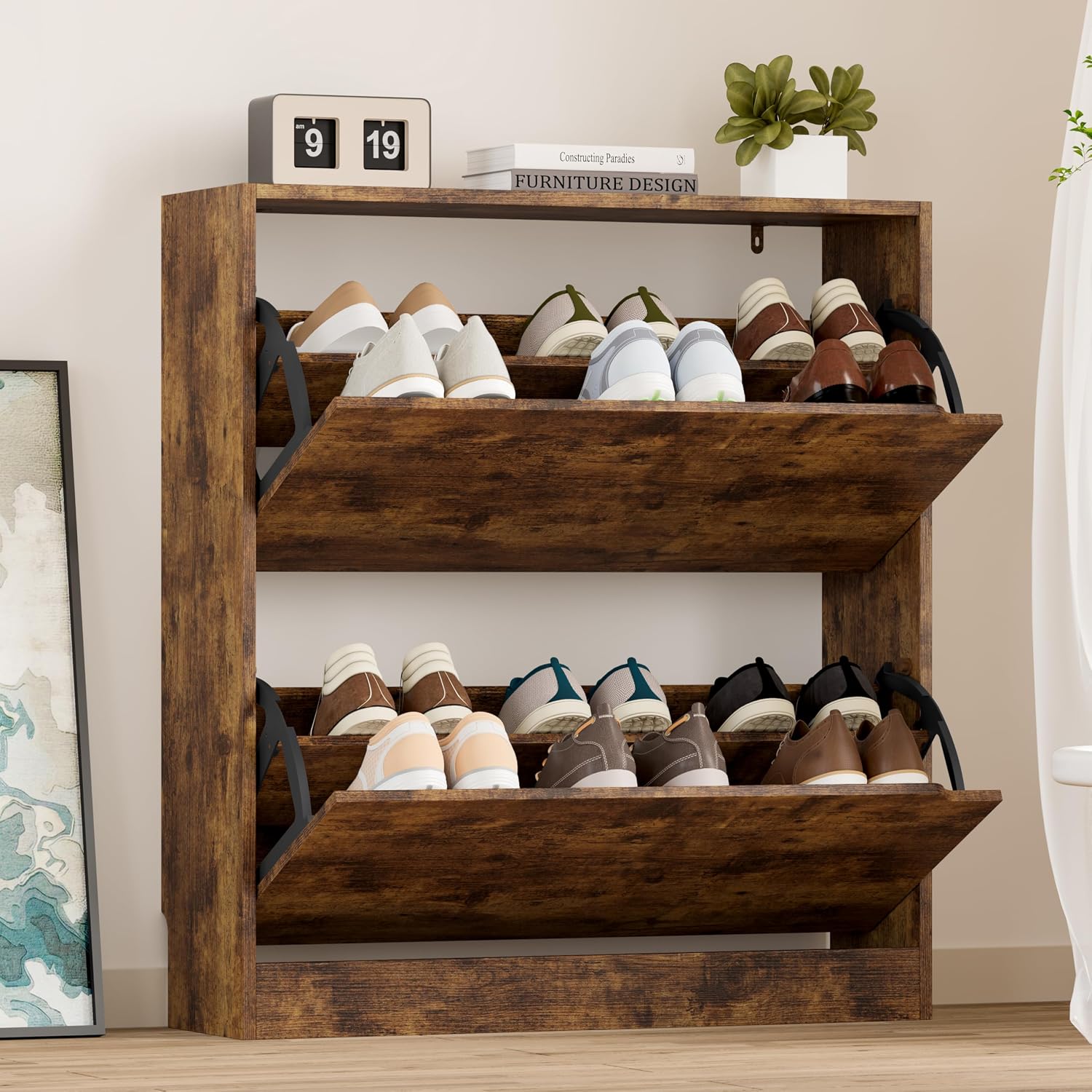 BORNOON Shoe Cabinet with Odor Control and Back Panels, Deodorizing Slim 3-Flip Shoe Storage Cabinet for Entryway