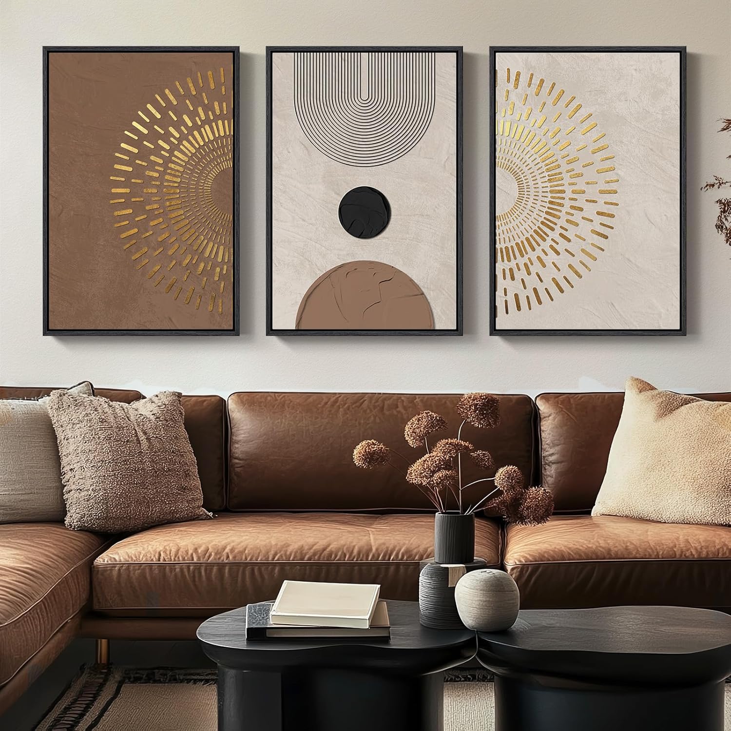 Large Framed Neutral Abstract Wall Art for Living Room, 3 Piece Modern Canvas Prints Paintings Artwork for Walls