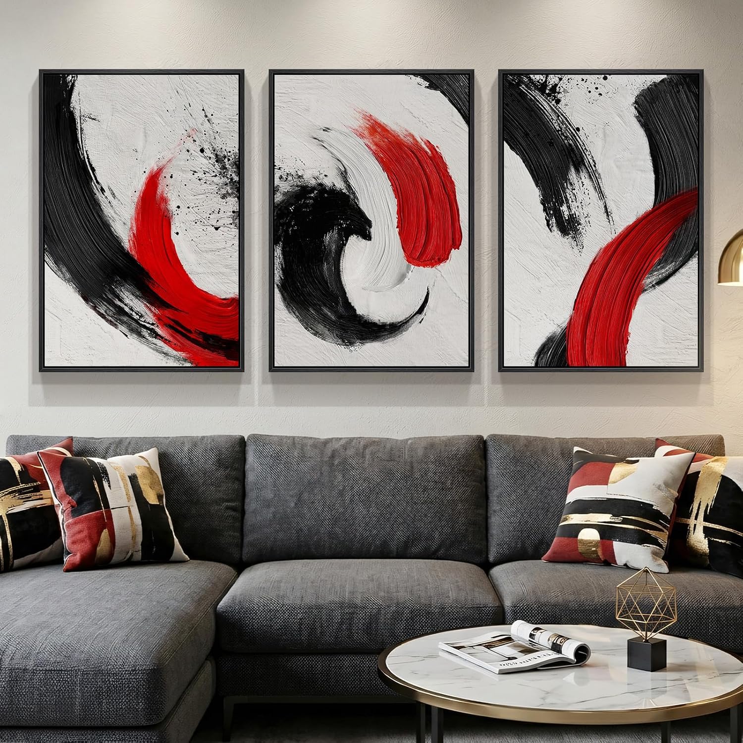Large Framed Boho Modern Neutral Abstract Wall Art for Living Room, 3 Piece Black and White Canvas Prints Paintings Artwork for Walls