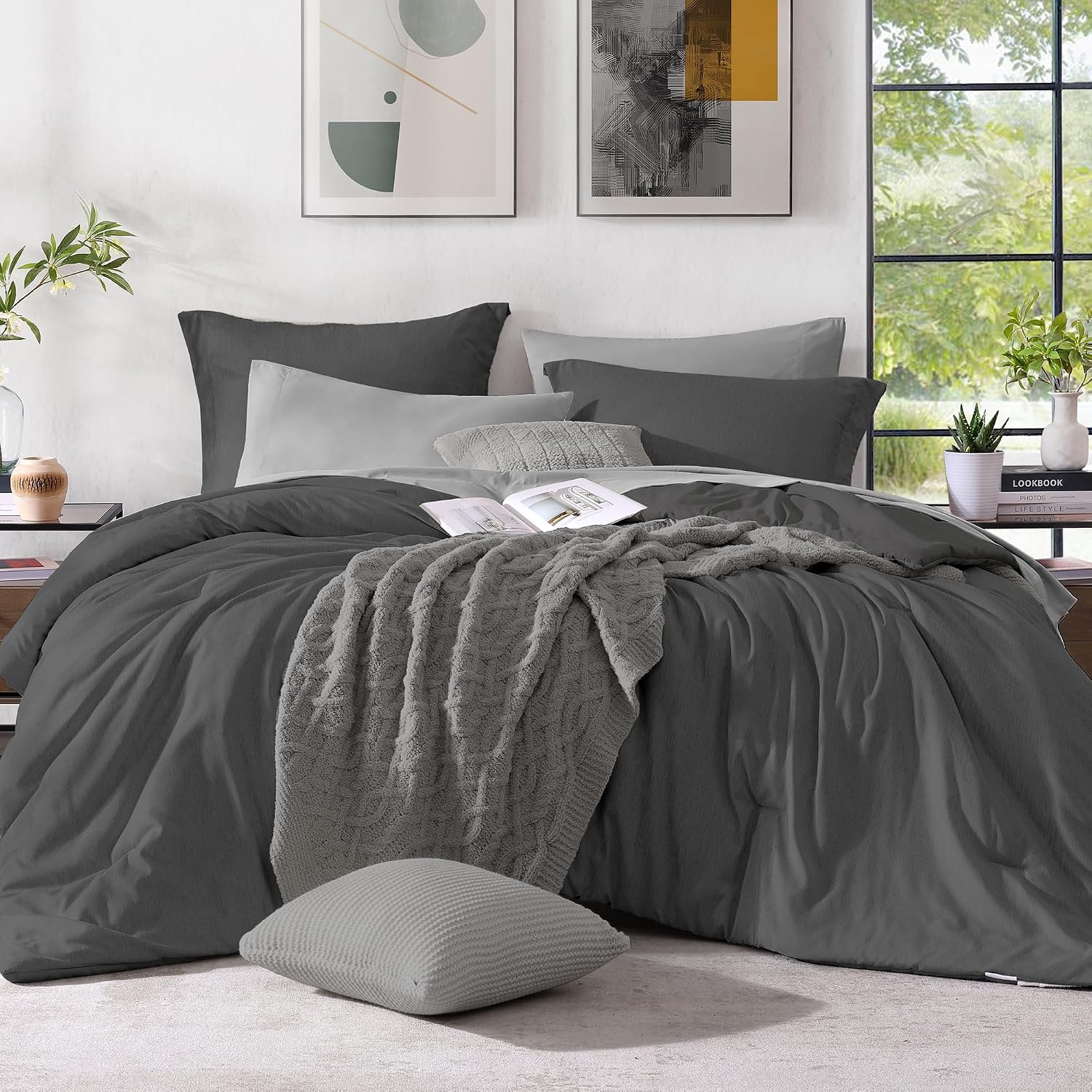 Monbix King Size Comforter Set, Olive Green King Bed Set Reversible, King Size Comforter Set 7 Pieces, Cationic Dyeing Bed in a Bag with Comforter