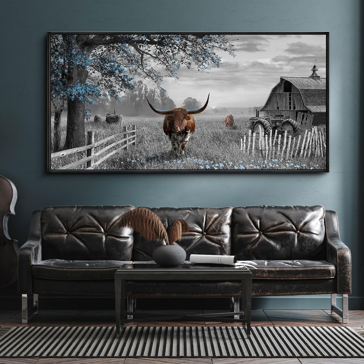 yiijeah Rustic Wall Art - Western Home Decor Cow Picture Extra Large Wall Decr Rustic Longhorn Living Room Bedroom Canvas Framed Artwork Farmhouse