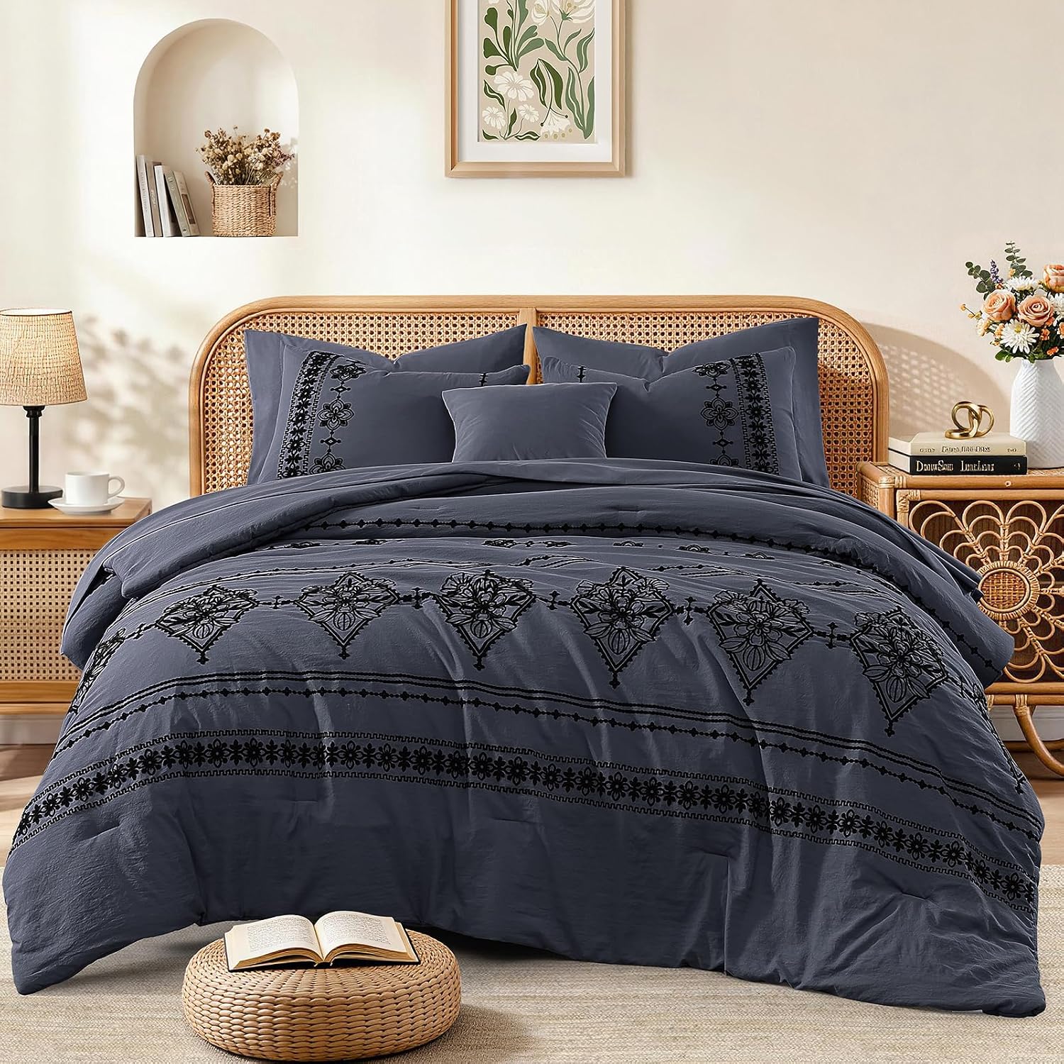 MaiRêve Embroidery Comforter Set Queen Size - 7 Piece, White Boho Western Bedding All Season Bed in A Bag, Farmhouse Queen Comforter Set with Sheets