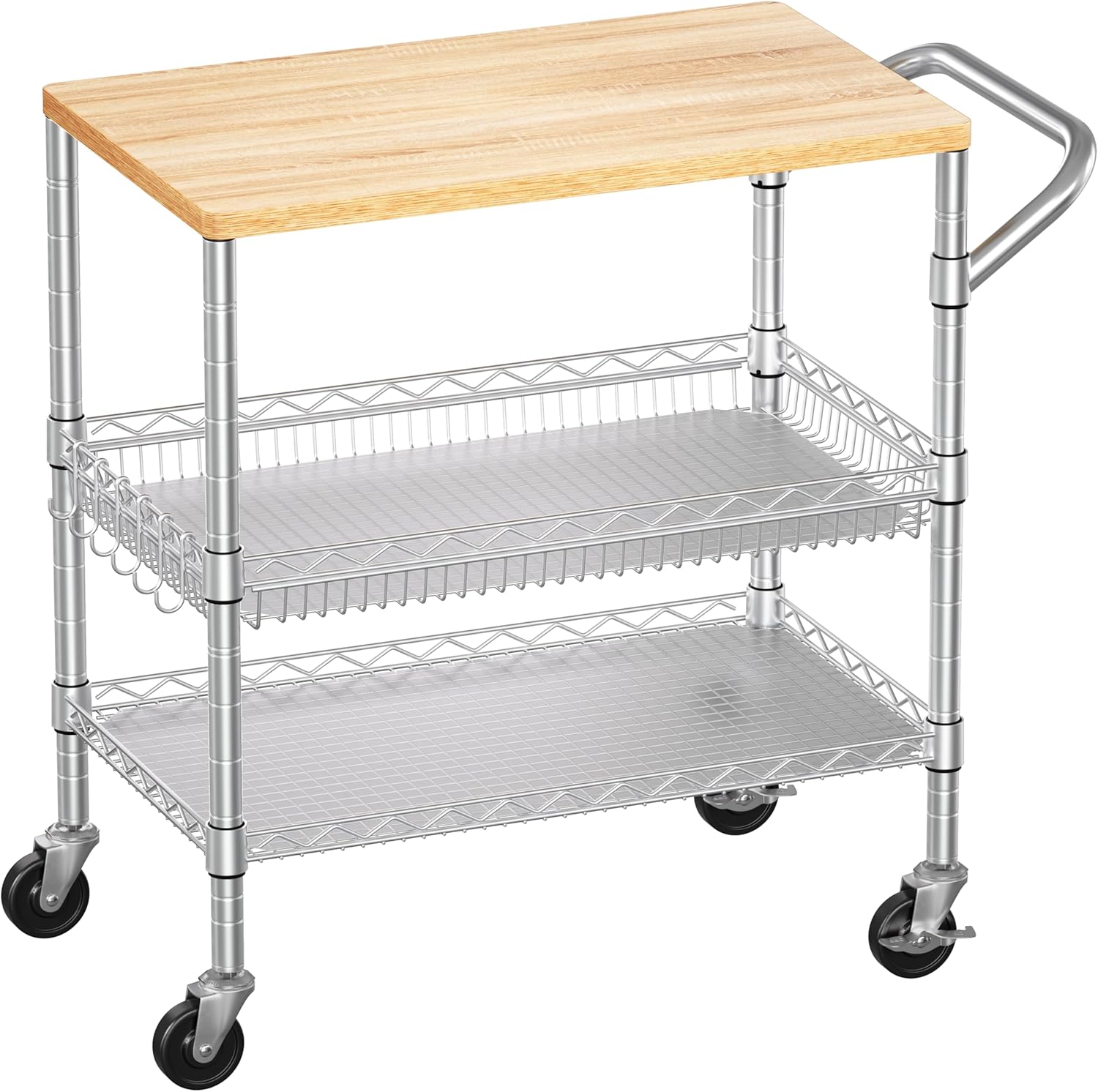 WDT 990Lbs Capacity Heavy Duty Rolling Utility Cart, NSF Rolling Carts with Wheels, Commercial Grade Metal Cart with Handle Bar and Shelf Liner