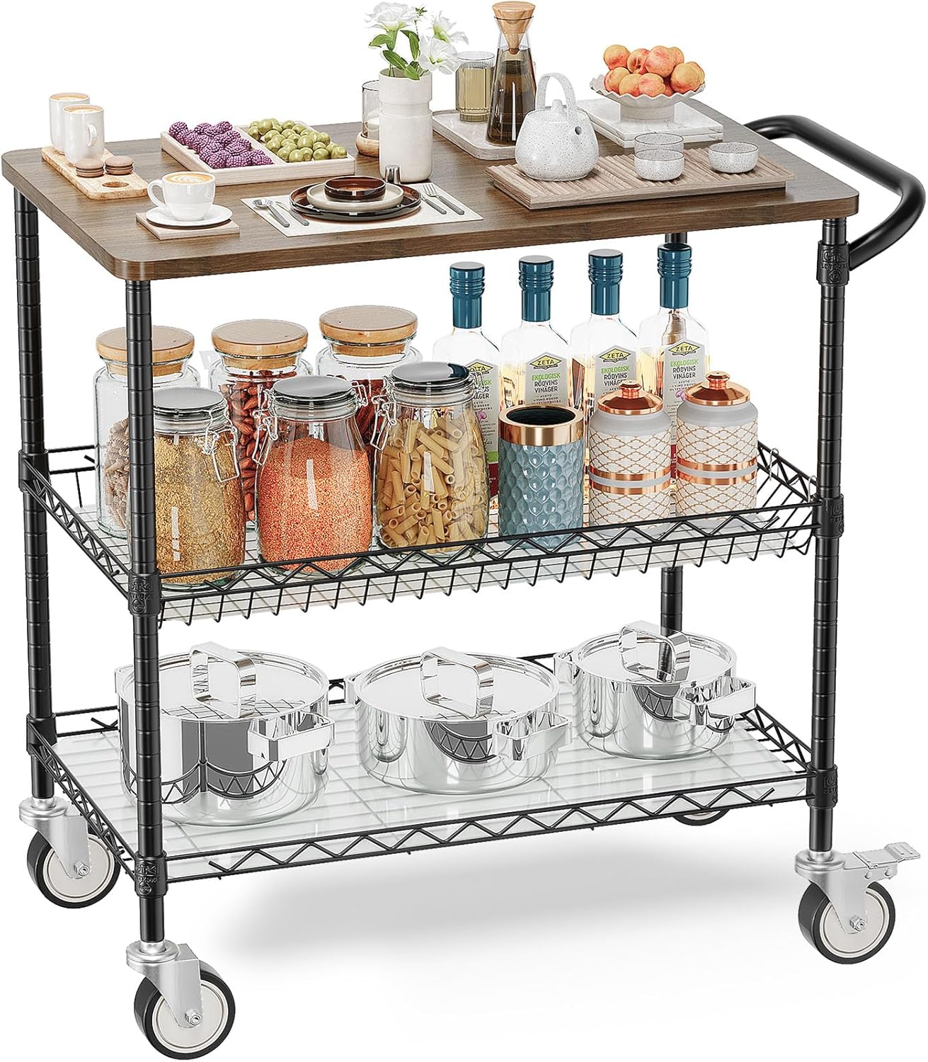 Leteuke Rolling Kitchen Carts with Wheels, 3-Tier Utility Cart with Wood Tabletop, NSF Commercial Metal Serving Cart with Handle and Shelf, Black