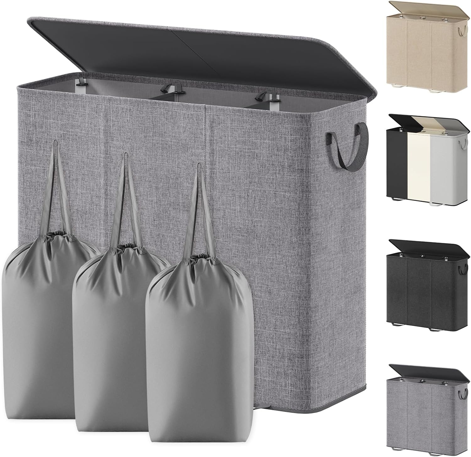 Lifewit Double Laundry Hamper with Lid and Removable Laundry Bags, Large Collapsible 2 Dividers Dirty Clothes Basket with Handles for Bedroom Laundry