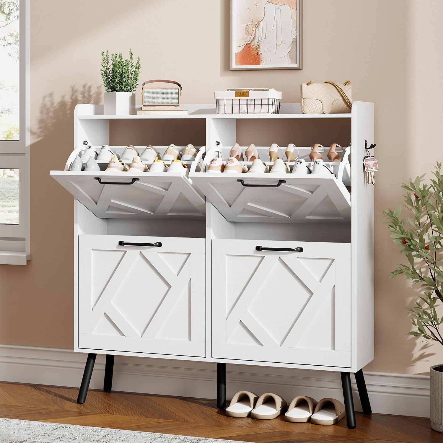 Shoe Cabinet with 2 Flip Drawers, Entryway Organizer, Chestnut, Slim Wood Shoe Rack with Metal Legs, Farmhouse Shoe Cabinet Storage for Entryway
