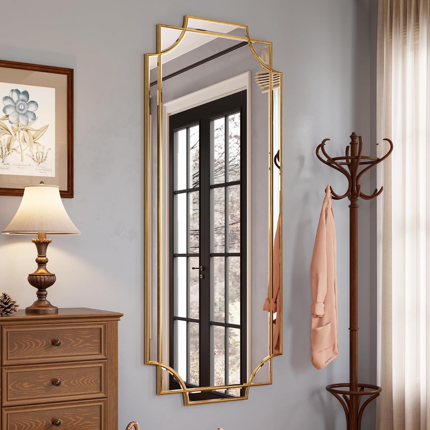 Kelly Miller 24"x48" Gold Foil Scalloped Edge Decorative Vanity Wall Mirror, Hand-Applied Gold Foil Finish. HD Mirror With French Cleat. Elegant