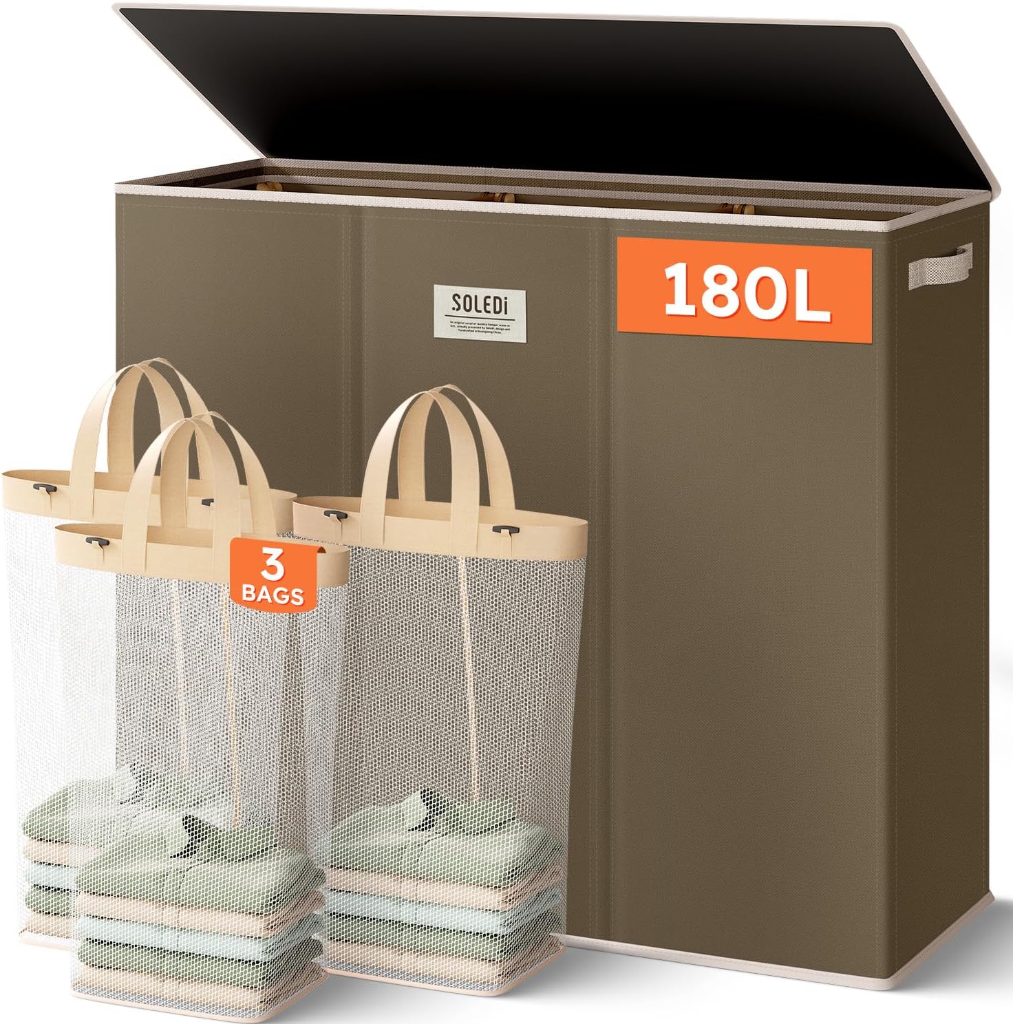 SOLEDI 180L Laundry Hamper 3 Section, Extra Large Laundry Hamper with Lid, Dirty Clothes Hamper with Sturdy Handle