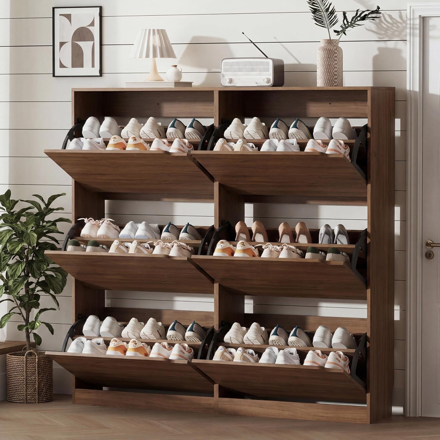 Shoe Storage Cabinet for Entryway with 3 Flip Drawers, Sturdy Wood Hidden Shoe Storage