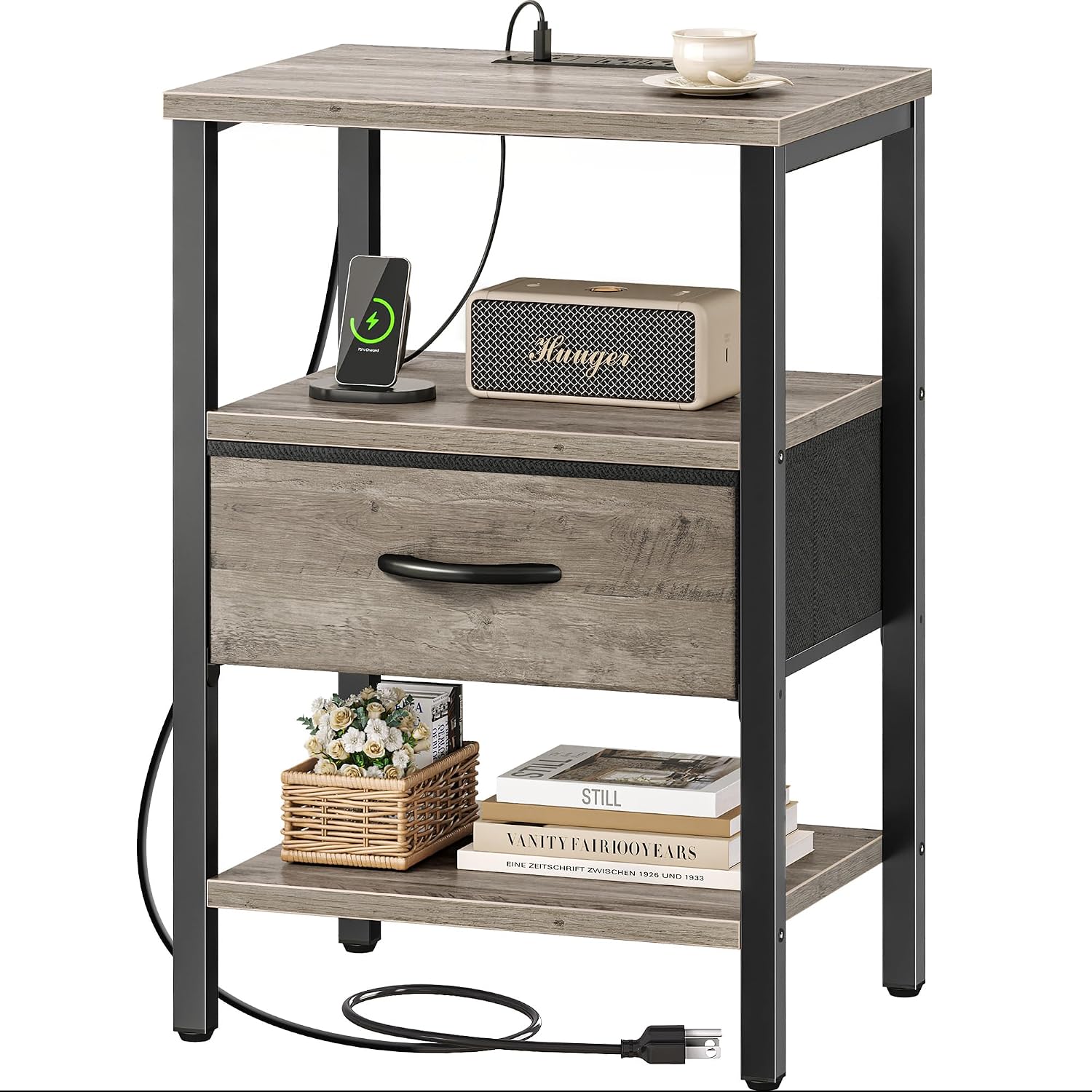 SUPERJARE Nightstand Set of 2, Bed Side Tables with Charging Station, Adjustable Fabric Drawer, Night Stand for Bedroom, 3-Tier Storage End Tables