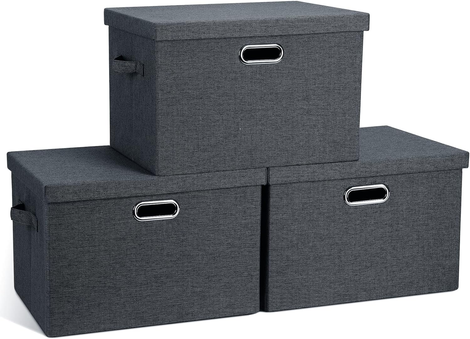 Graciadeco Large Quart Collapsible Stackable Storage Bins with Lids, 3 Packs Beige Linen Fabric Closet Boxes with Lids