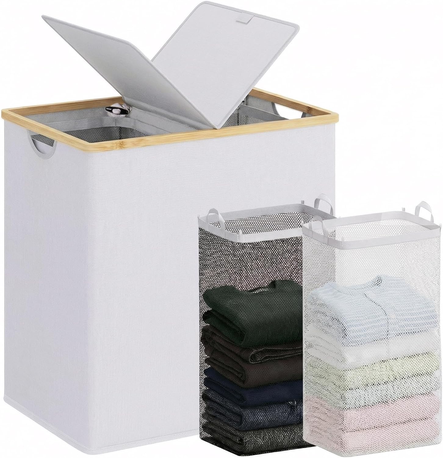 efluky Laundry Hamper with Lid, Double Laundry Basket with 2 Removable Bags, 2 Section Laundry Bin with Bamboo Handles for Bathroom