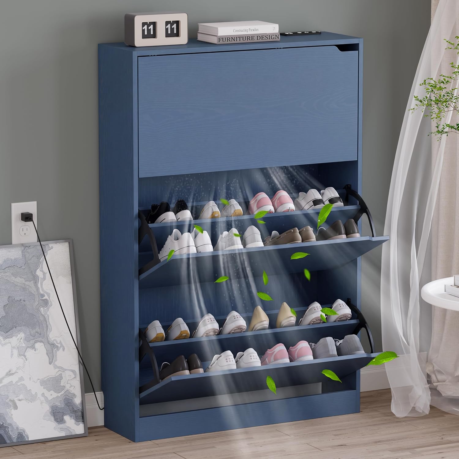 BORNOON Shoe Cabinet with Odor Control and Back Panels, Deodorizing Slim 3-Flip Shoe Storage Cabinet for Entryway