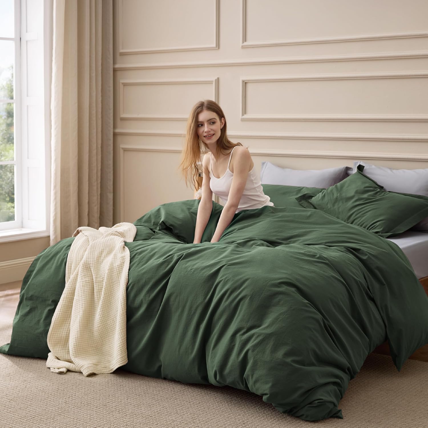 Bedsure 100% Washed Cotton Duvet Cover King Size - Sage Green Minimalist Bedding Set Linen Like - PureWoven Plain Simple and Soft Comforter Cover for