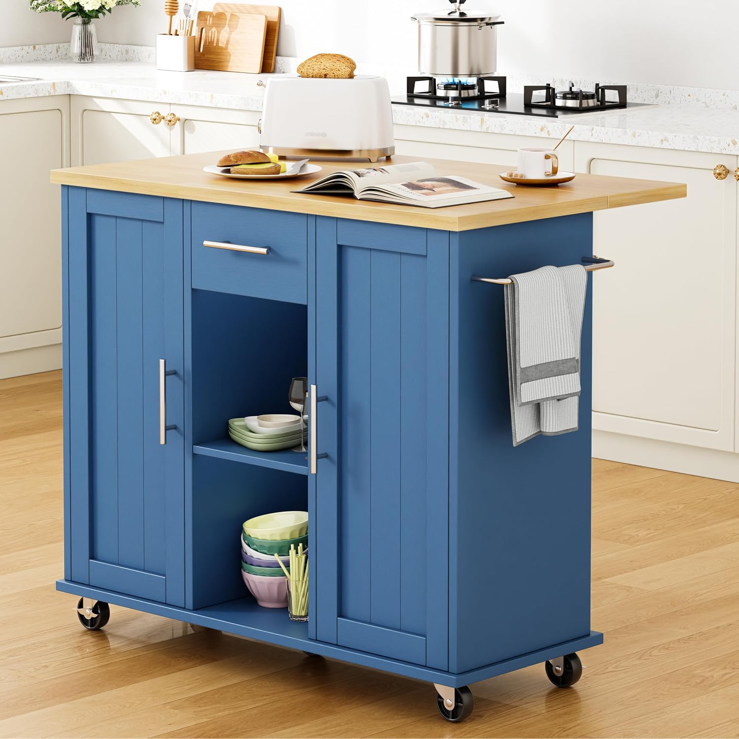Shintenchi Kitchen Island cart with Storage, Portable Bar Cabinet on Wheels, Rolling Microwave Cart Side Table with Workstation for Kitchen, White