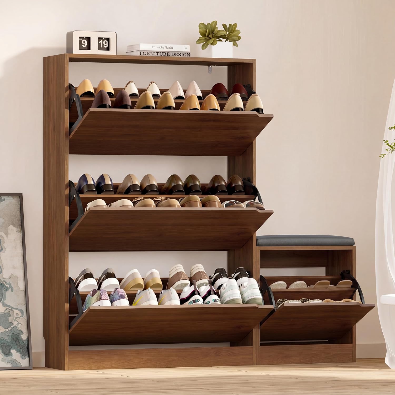 BORNOON Shoe Cabinet with 3 Flip Drawers, Hidden Wood Shoe Cabinet, Freestanding Shoe Storage Cabinet for Entryway Hallway.White. 47.2" H*31.5" W*9