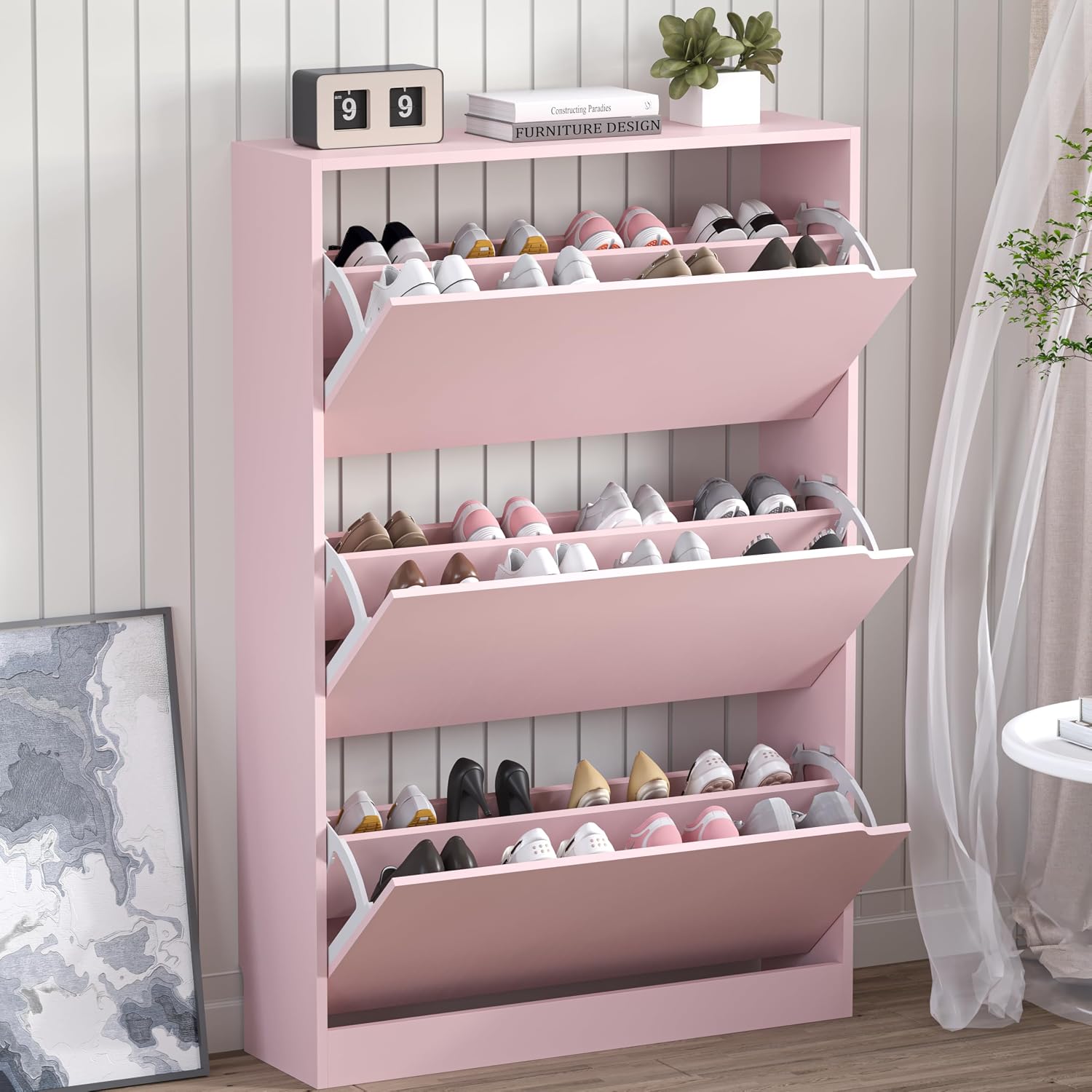 BORNOON Shoe Cabinet with 3 Flip Drawers, Hidden Wood Shoe Cabinet, Freestanding Shoe Storage Cabinet for Entryway Hallway.White. 47.2" H*31.5" W*9