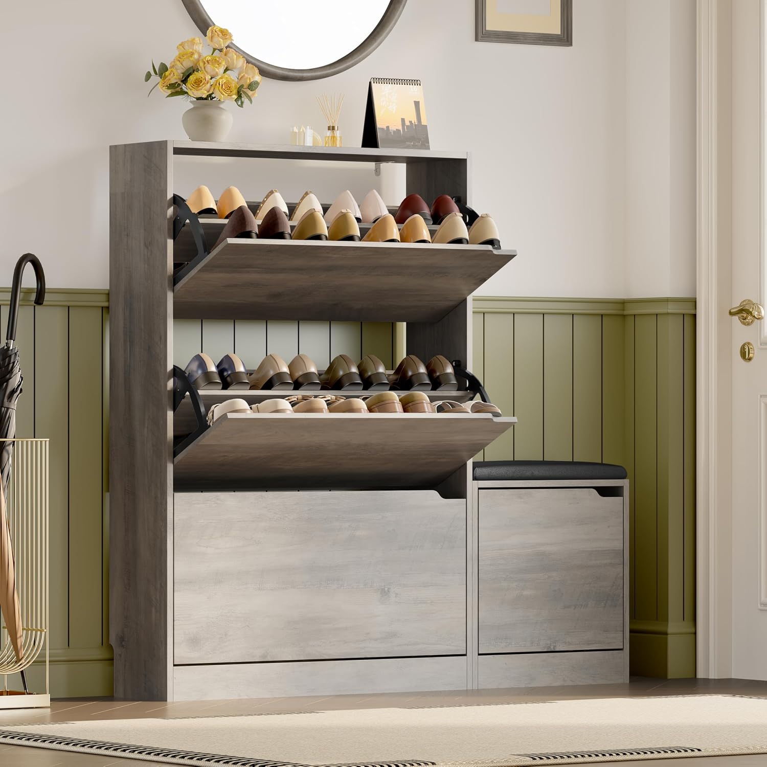 BORNOON Shoe Cabinet with Odor Control and Back Panels, Deodorizing Slim 3-Flip Shoe Storage Cabinet for Entryway