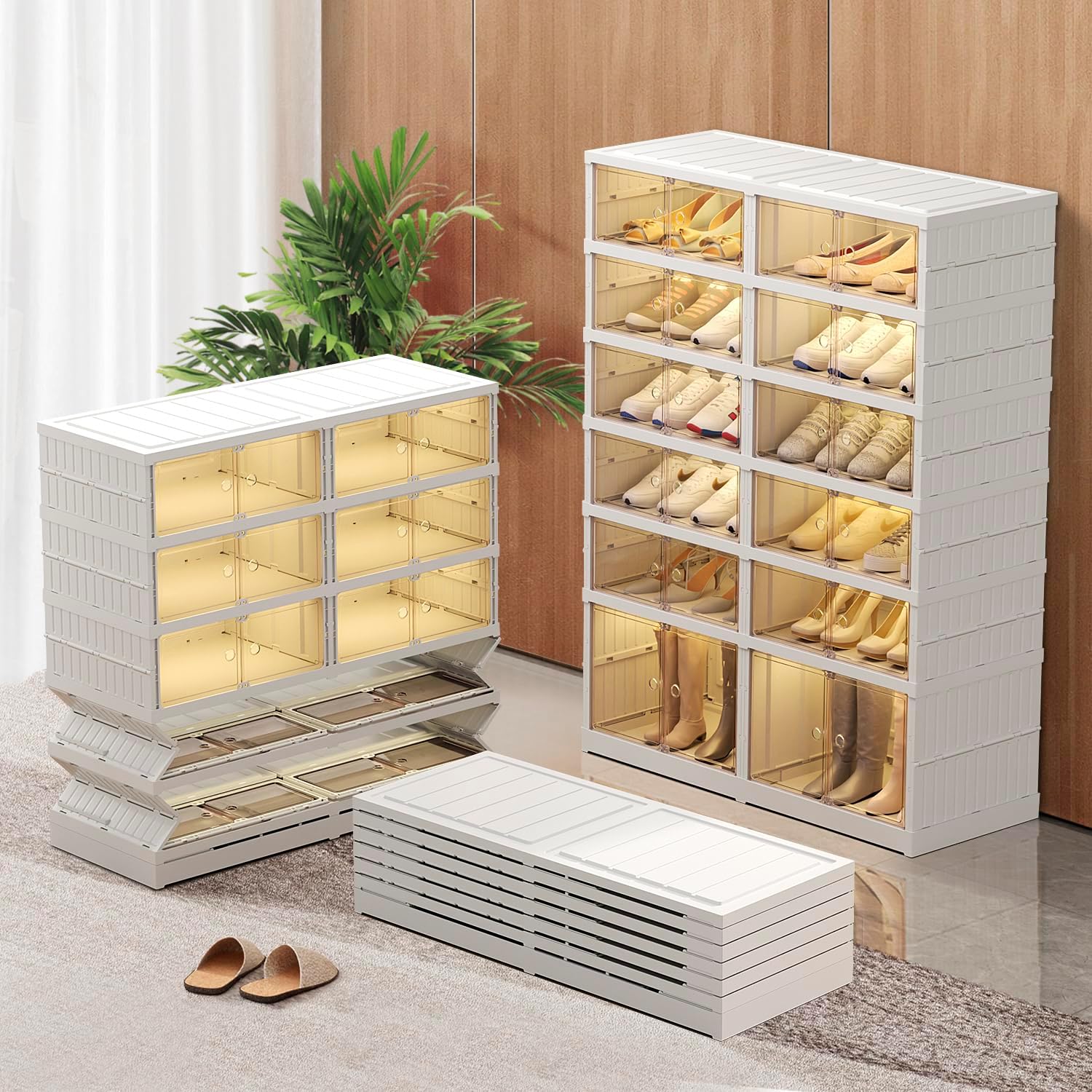 6-Tier Foldable Shoe Rack, Magnetic Doors, 12 Pairs, White, Collapsible Plastic Shoe Cabinet, Stackable, Clear Doors, Bottom Wheels, Fits Boots