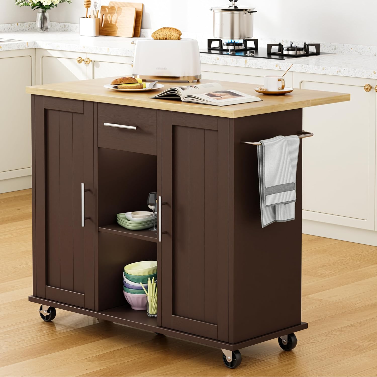 Shintenchi Kitchen Island Cart with Storage, Rolling Side Table on Wheels with Worktop, Single Door Cabinet and Drawer for Dining Room, White
