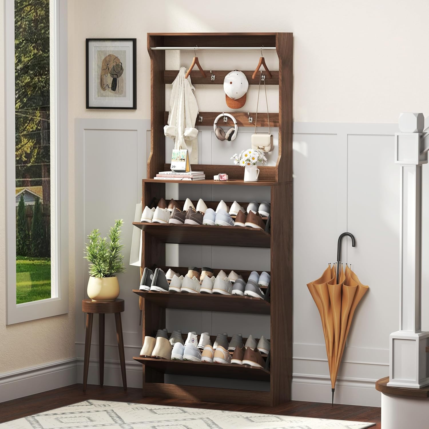 Shoe Storage Cabinet for Entryway with 3 Flip Drawers, Sturdy Wood Hidden Shoe Storage
