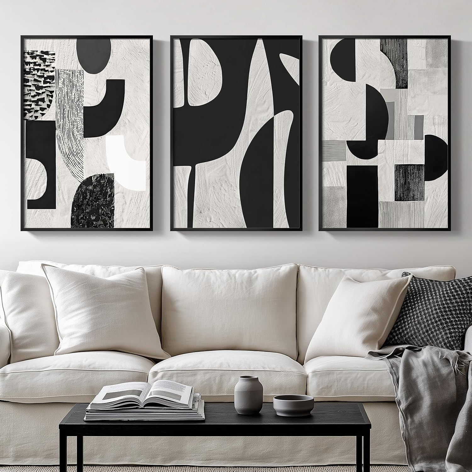 Large Framed Boho Modern Neutral Abstract Wall Art for Living Room, 3 Piece Black and White Canvas Prints Paintings Artwork for Walls