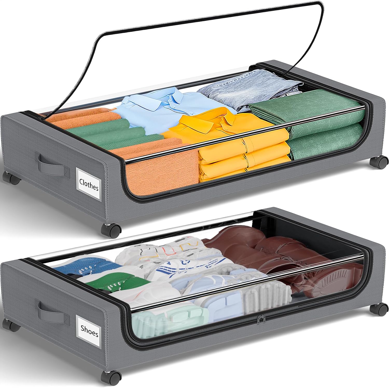 GoMaihe Under Bed Storage with Wheels: 48L Underbed Storage Containers with Lids - Rolling Bins for Shoes Clothes in Dorm Bedroom - Metal Drawers Easy
